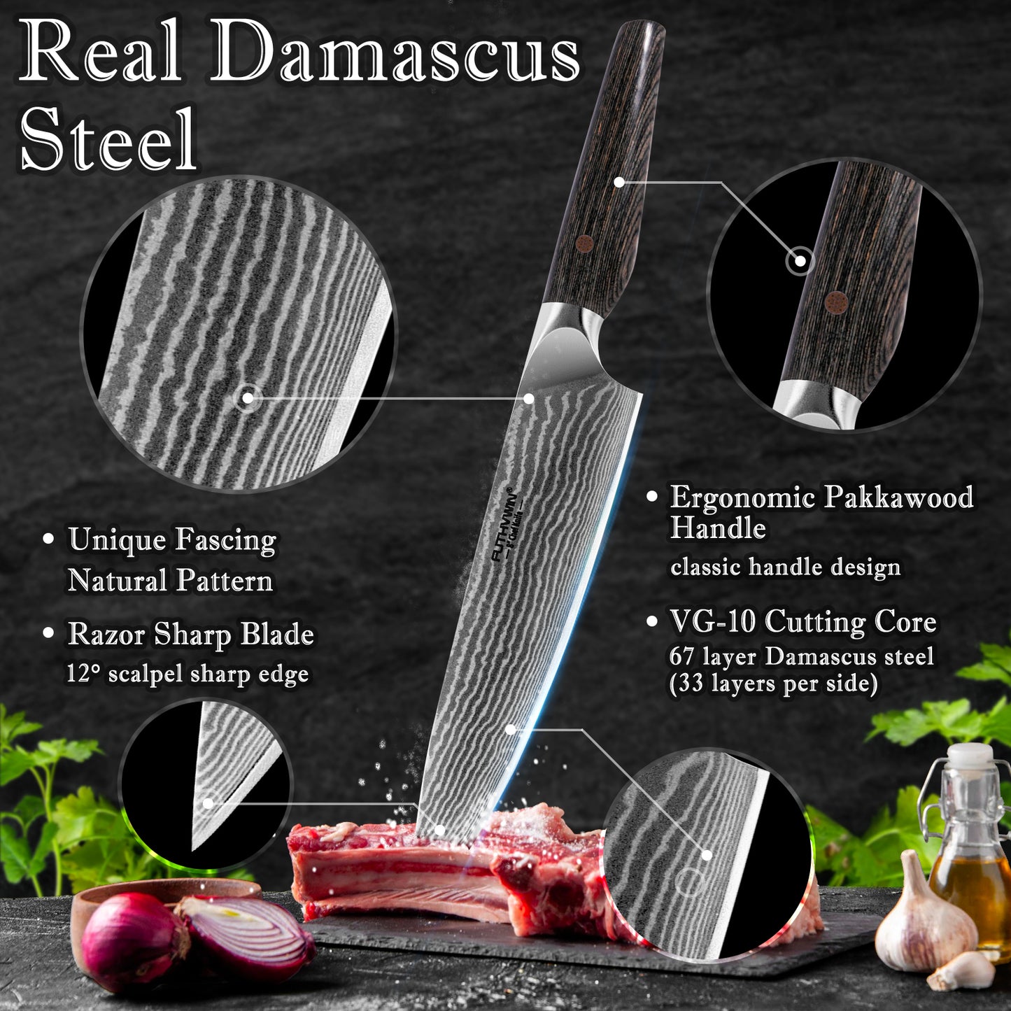 FUTHVWIN Damascus Chef Knife 8 Inch with Sheath, Japanese Steel Damascus Kitchen Knife