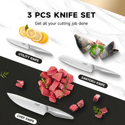 FUTHVWIN 3-Piece German EN1.4116 Stainless Steel Kitchen Knife Set with Finger Guard - Hollow Handle