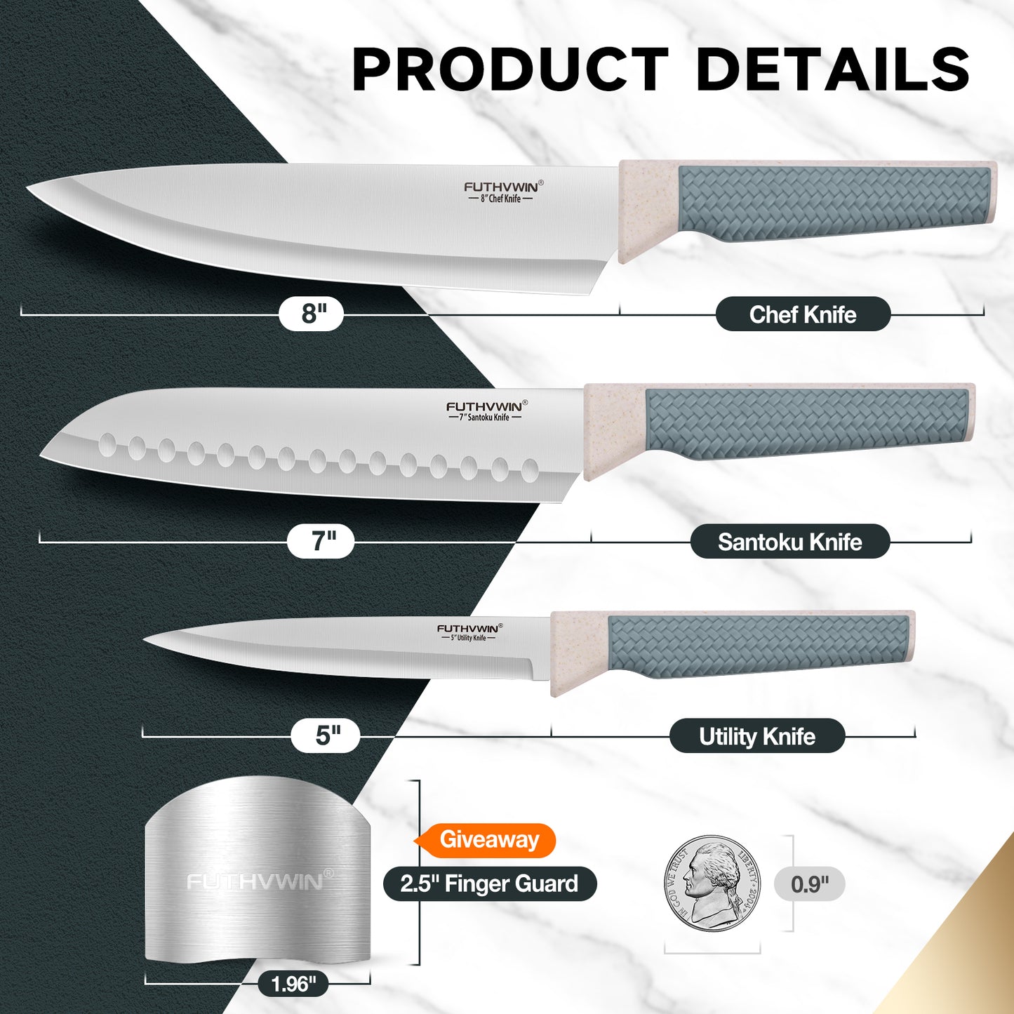 FUTHVWIN 3-Piece German EN1.4116 Stainless Steel Kitchen Knife Set with Finger Guard - PP Handle