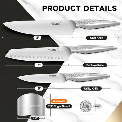 FUTHVWIN 3-Piece German EN1.4116 Stainless Steel Kitchen Knife Set with Finger Guard - Hollow Handle