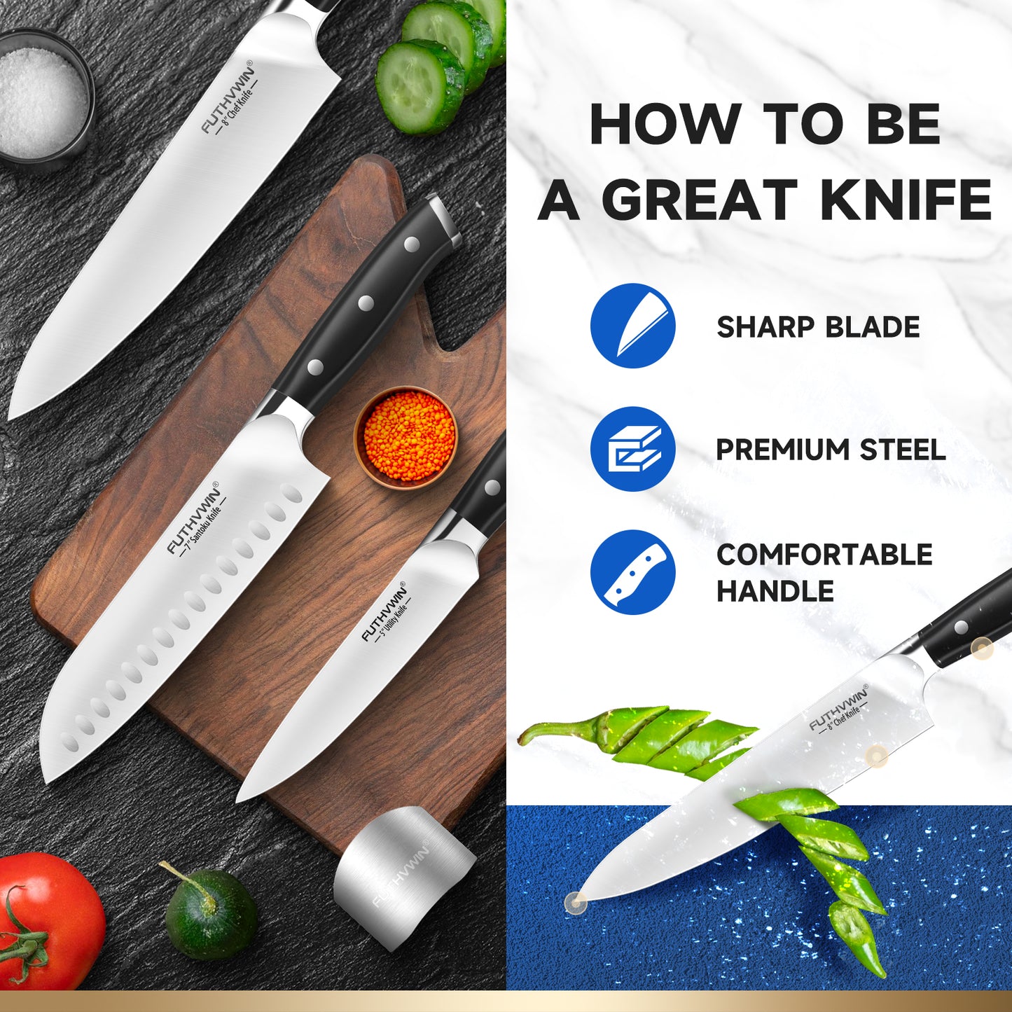 FUTHVWIN 3-Piece German EN1.4116 Stainless Steel Kitchen Knife Set with Finger Guard, Gift Box