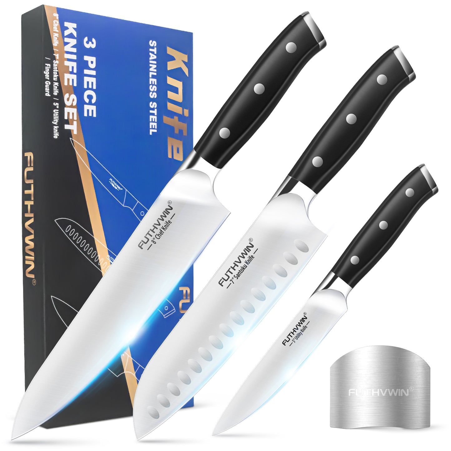 FUTHVWIN 3-Piece German EN1.4116 Stainless Steel Kitchen Knife Set with Finger Guard, Gift Box