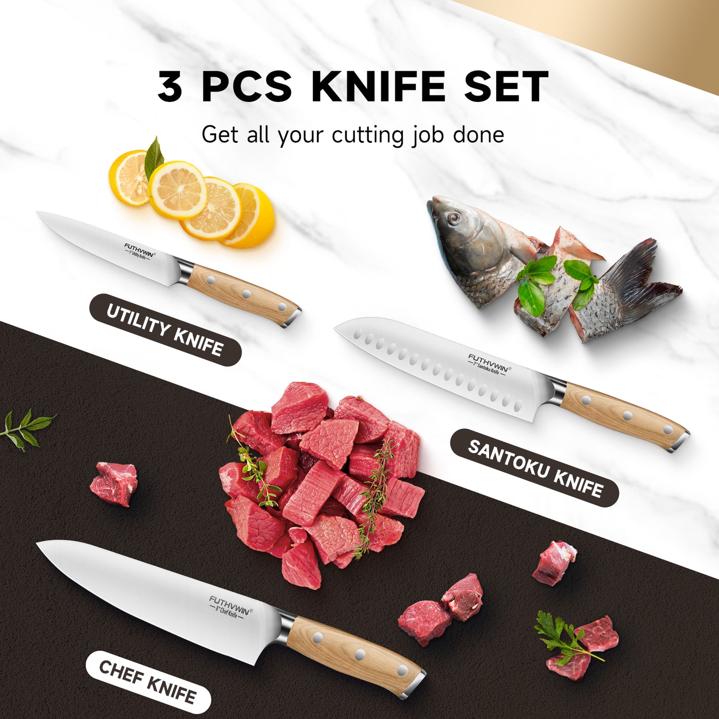 FUTHVWIN 3-Piece German EN1.4116 Stainless Steel Kitchen Knife Set with Finger Guard -Pakkawood Handle