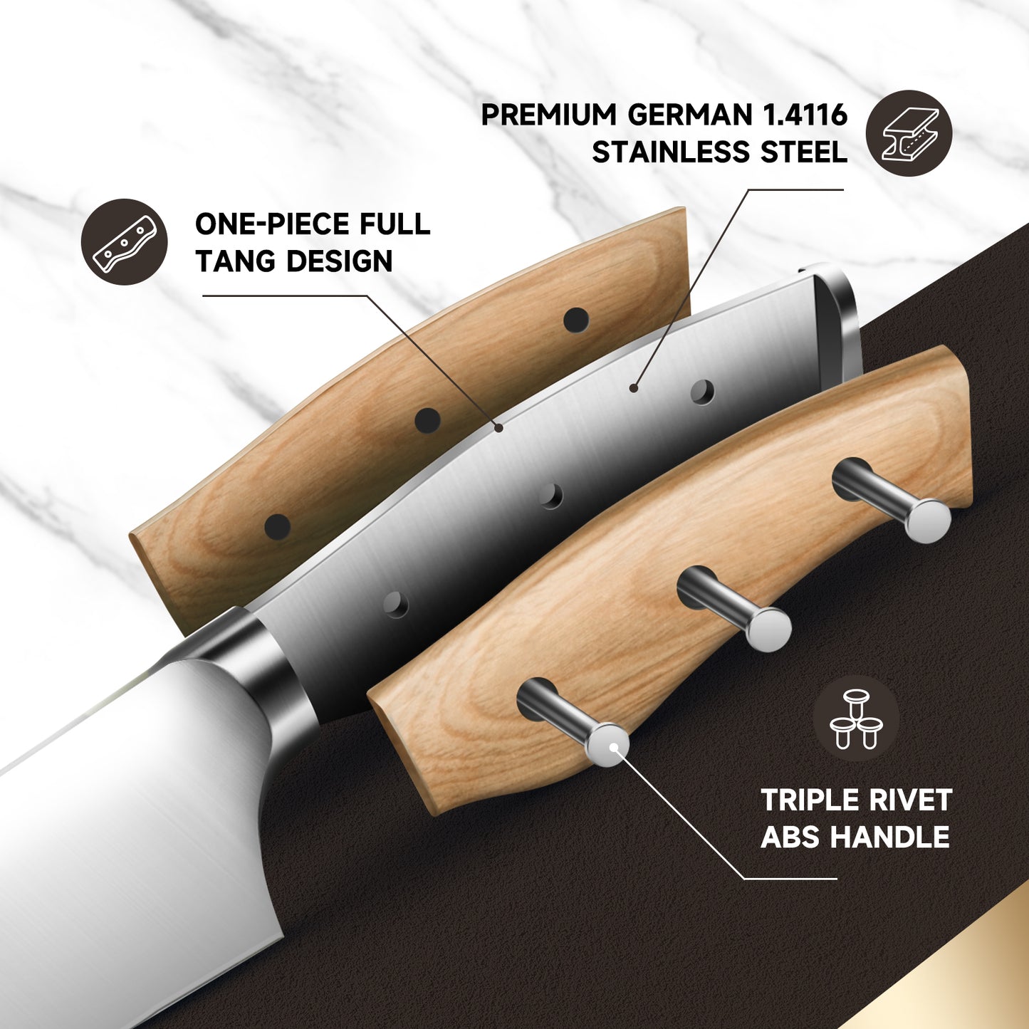 FUTHVWIN 3-Piece German EN1.4116 Stainless Steel Kitchen Knife Set with Finger Guard -Pakkawood Handle