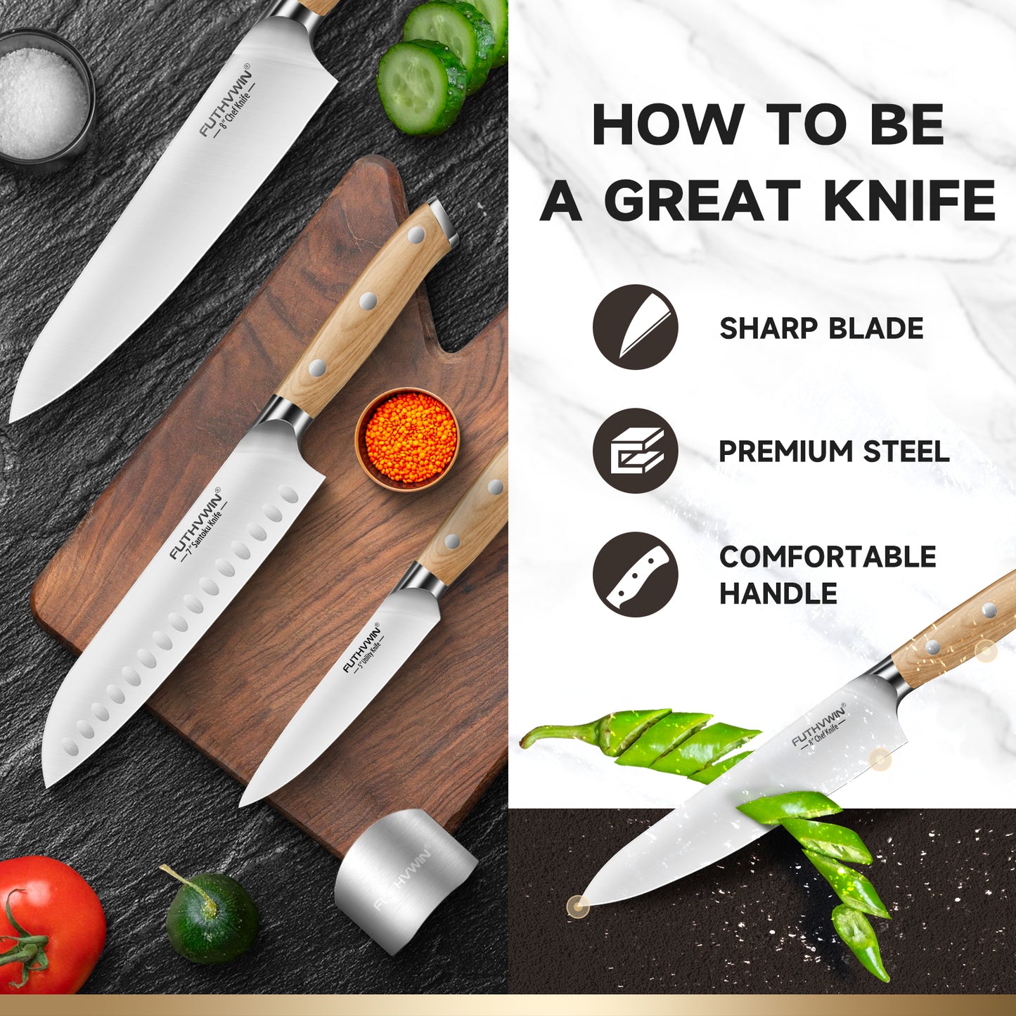 FUTHVWIN 3-Piece German EN1.4116 Stainless Steel Kitchen Knife Set with Finger Guard -Pakkawood Handle