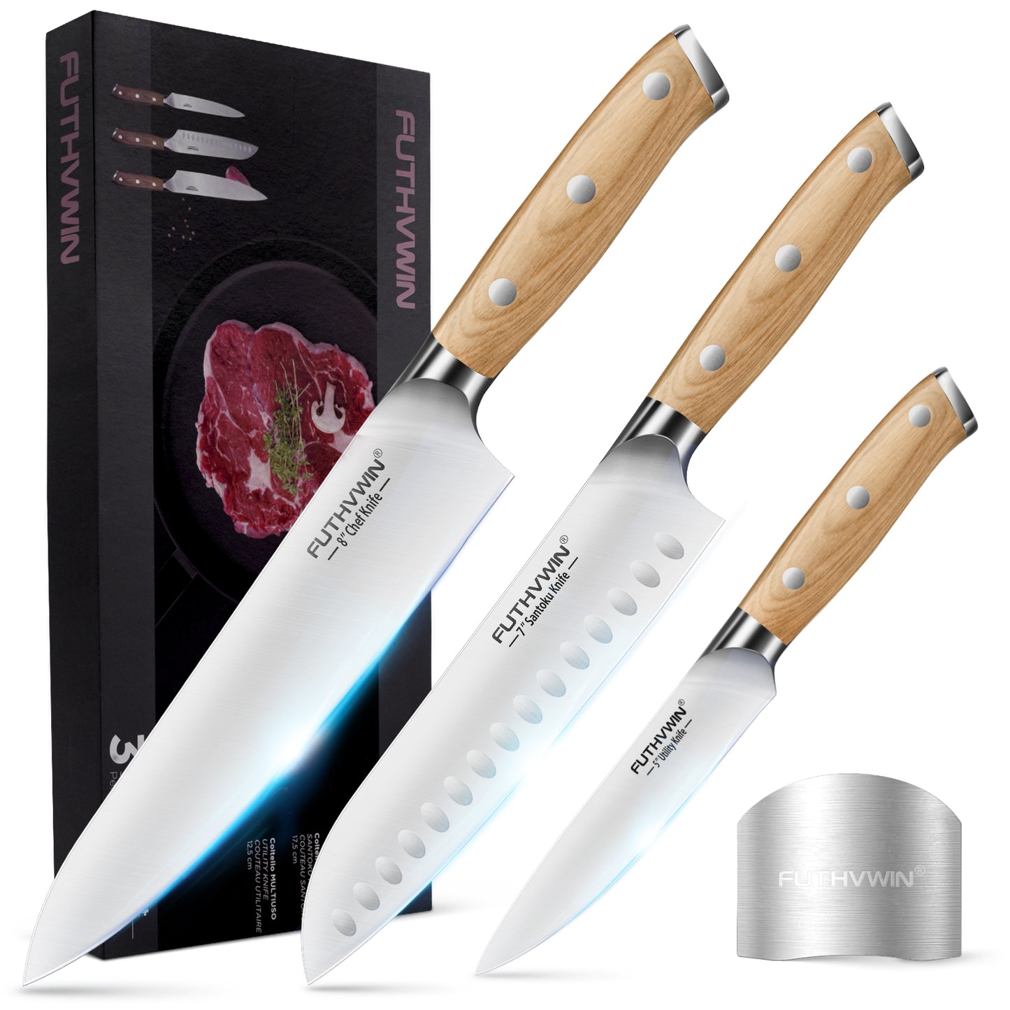 FUTHVWIN 3-Piece German EN1.4116 Stainless Steel Kitchen Knife Set with Finger Guard -Pakkawood Handle