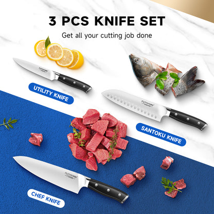 FUTHVWIN 3-Piece German EN1.4116 Stainless Steel Kitchen Knife Set with Finger Guard, Gift Box